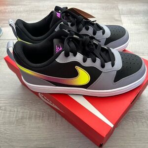 Nike Black and Gray Shoes with Neon Yellow Swoosh Court Borough Low Recraft